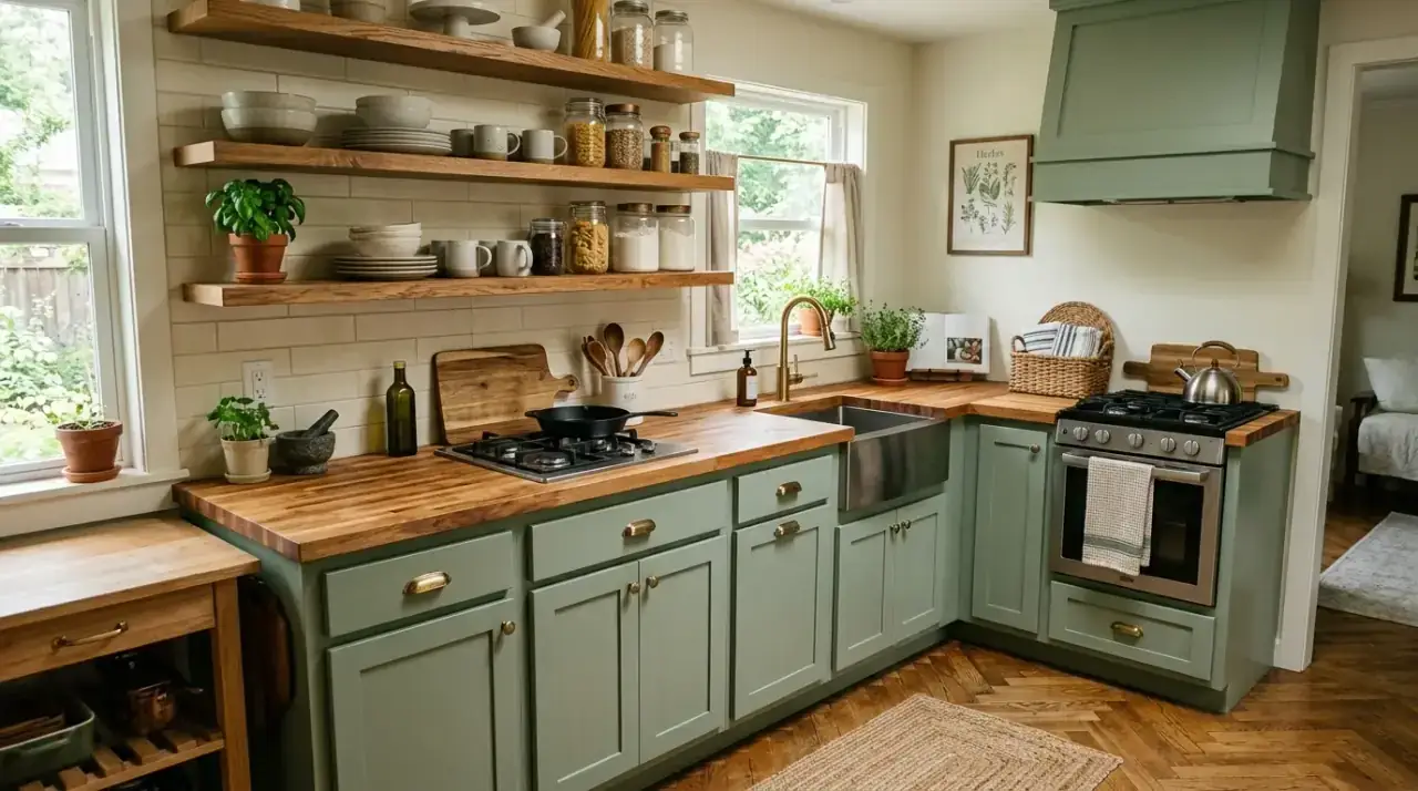 Light stone in sage wood kitchen. Calming sage green and wood kitchen with pale stone countertops.