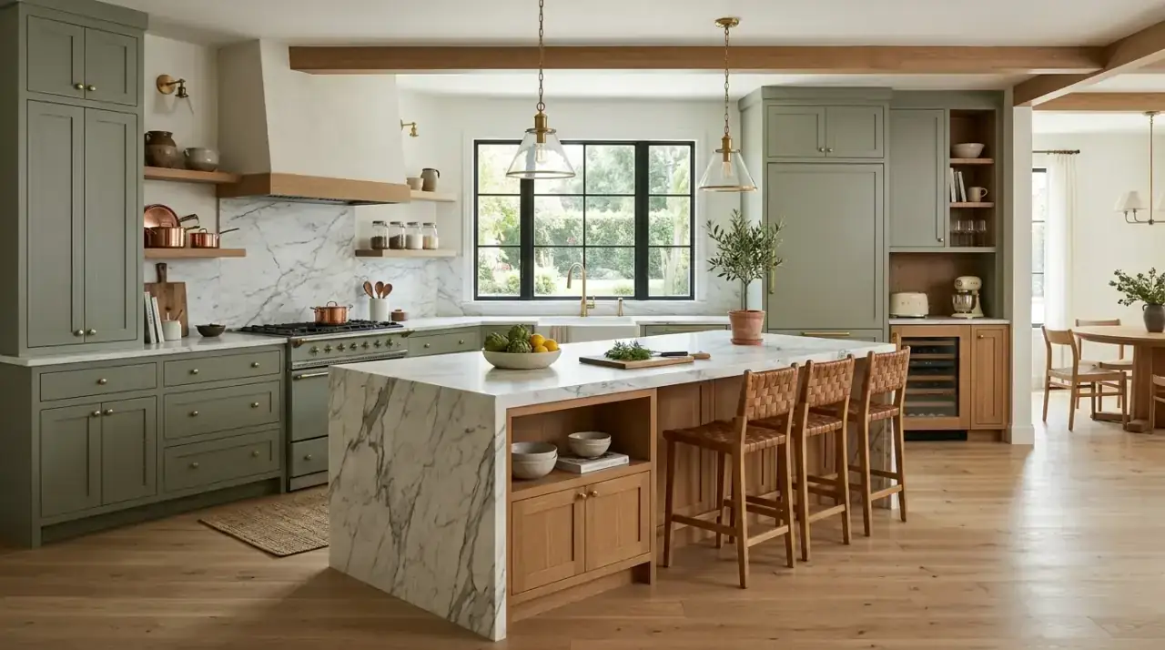 Black accents in sage wood kitchen. Organic modern kitchen with sage green wood and restrained black accents.