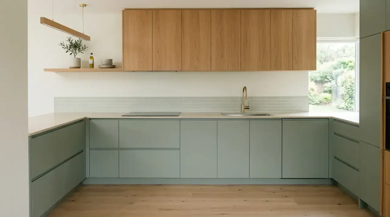 Matte sage and wood kitchen. Calming organic modern kitchen with matte sage cabinetry and wood.