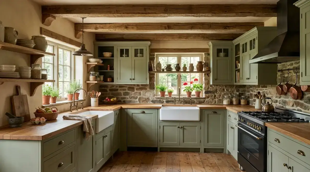 Linen and ceramic in sage kitchen. Organic modern kitchen with sage wood linen and ceramic textures.