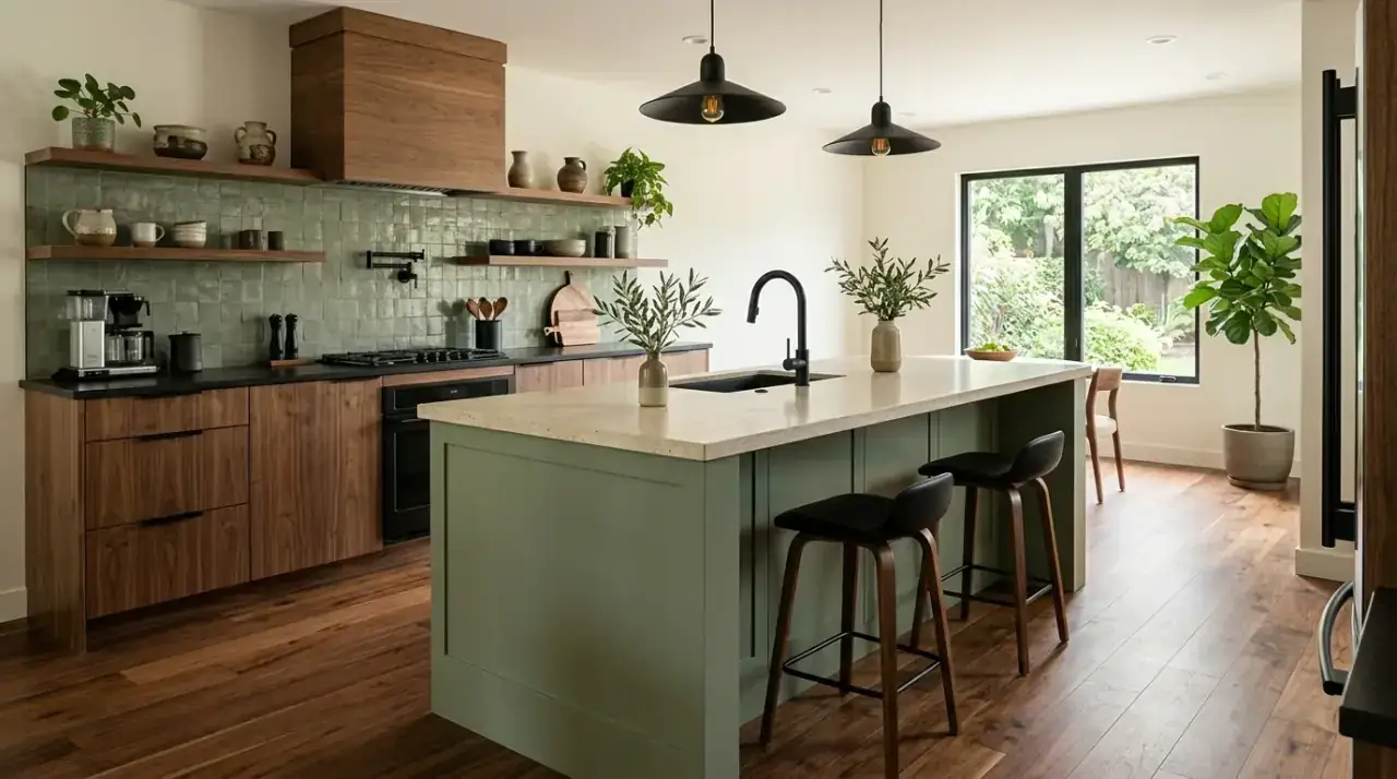 Quiet backsplash sage wood kitchen. Calming kitchen with sage green cabinets wood and a subtle backsplash.