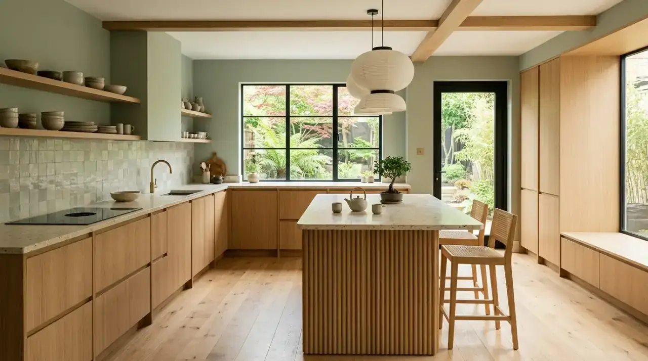 Wood island in sage kitchen. Organic modern sage kitchen centered around a warm wood island.