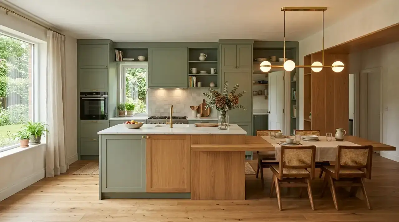 Dusty sage kitchen cabinets. Calming sage green kitchen with a dusty organic modern cabinet color.