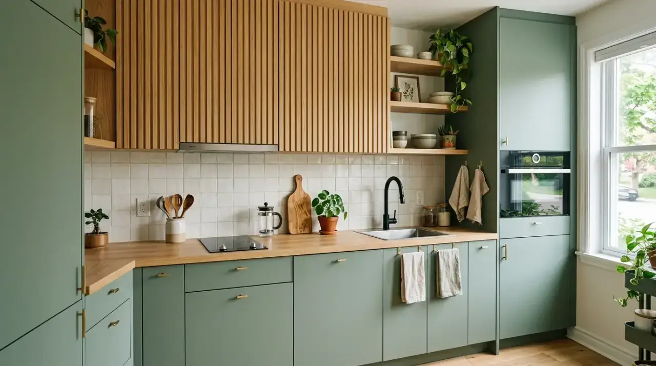 Natural light in sage wood kitchen. Organic modern kitchen with sage green wood and abundant daylight.