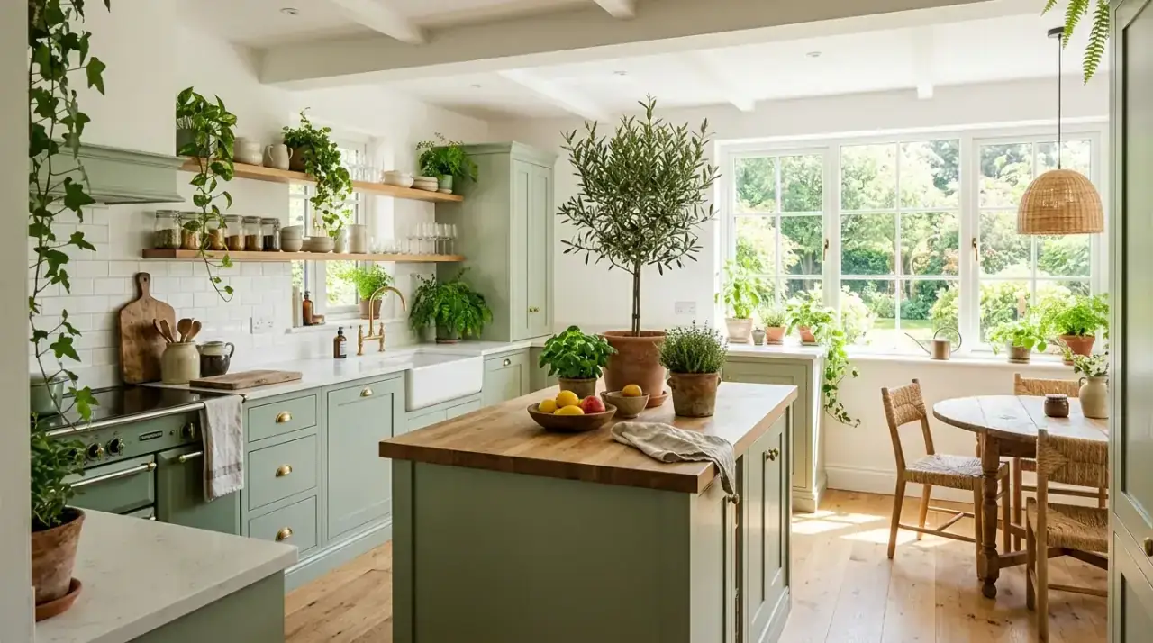Small sage and wood kitchen. Compact organic modern kitchen using calming sage green and wood.