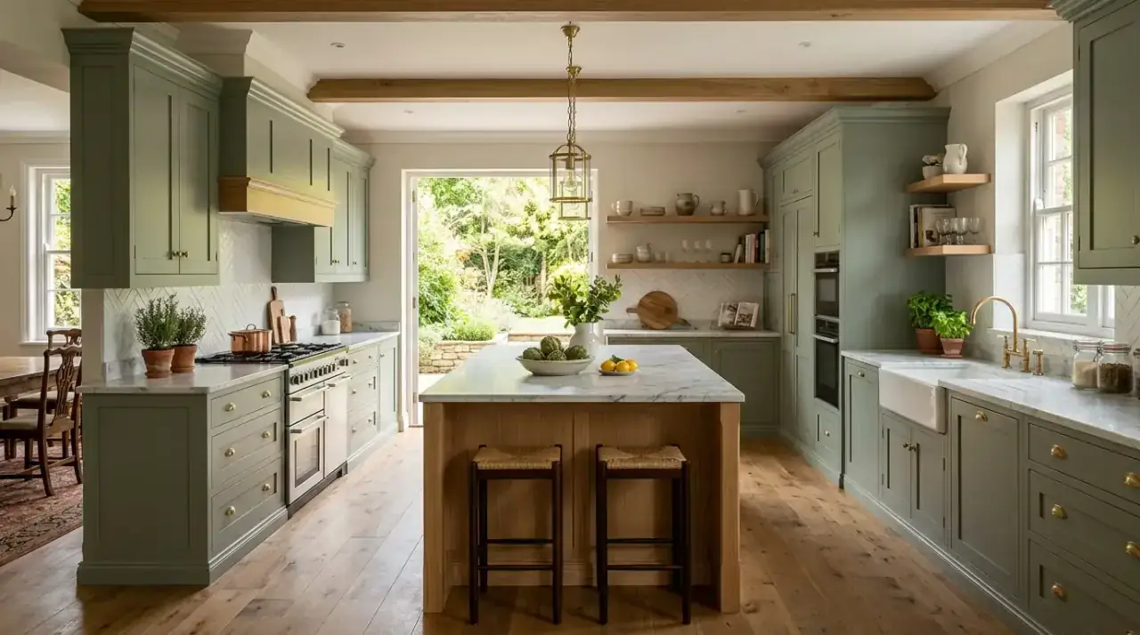 Greenery in sage wood kitchen. Calming organic modern kitchen with sage cabinets wood and plants.
