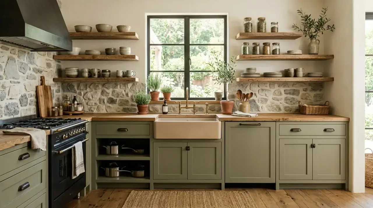 Edited sage and wood kitchen styling. Organic modern sage green and wood kitchen with clean edited styling.