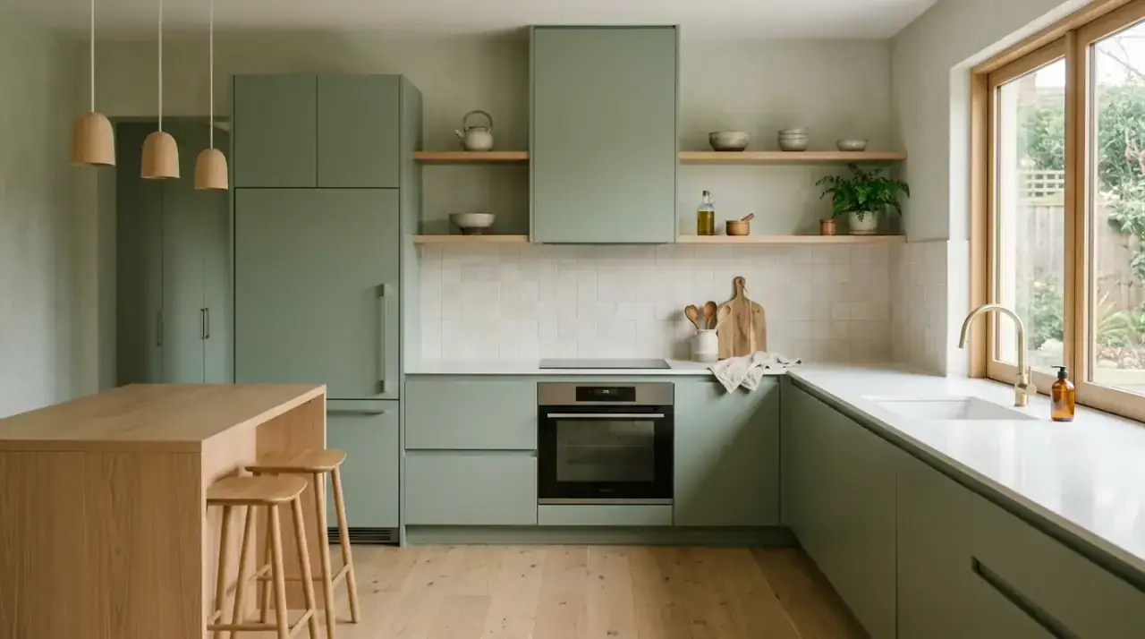 Sage and wood kitchen overview. Calming sage green and wood kitchen with an organic modern vibe.
