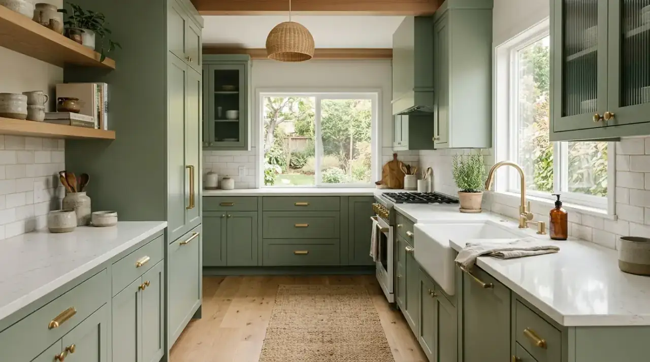 Calming sage green kitchen cabinets with earthy modern styling, wood accents, and soft natural light.