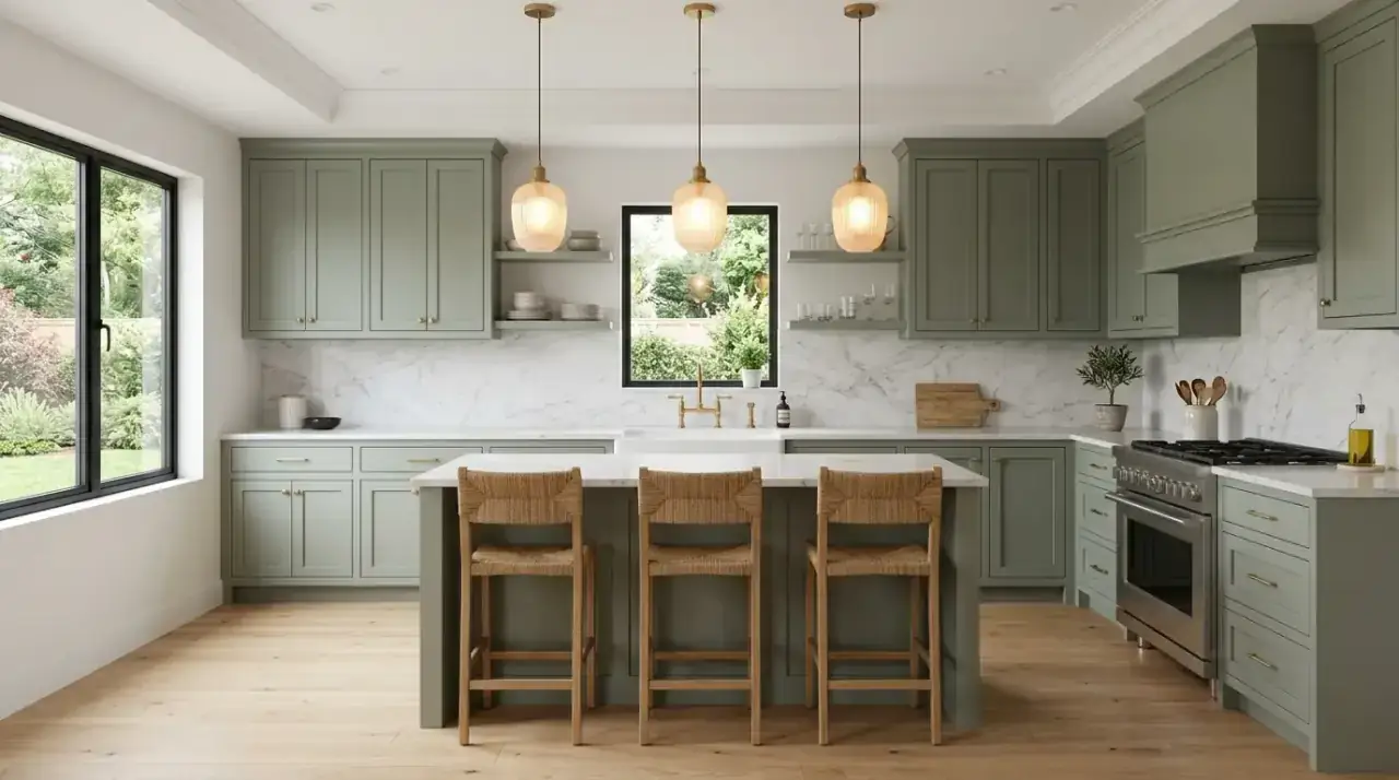 Flat-panel sage kitchen. Modern sage green flat-panel cabinets creating an earthy calm look.