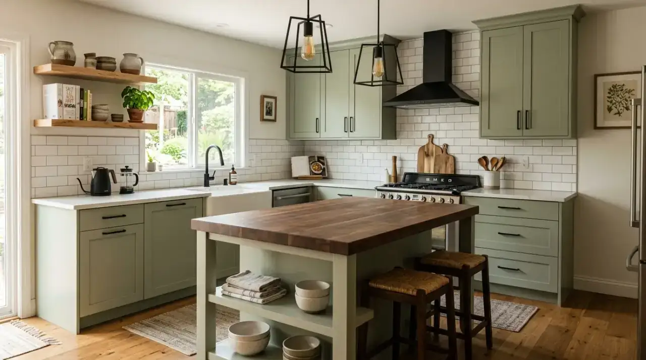 Sage cabinets with brass. Earthy green cabinetry paired with warm brass accents and light counters.