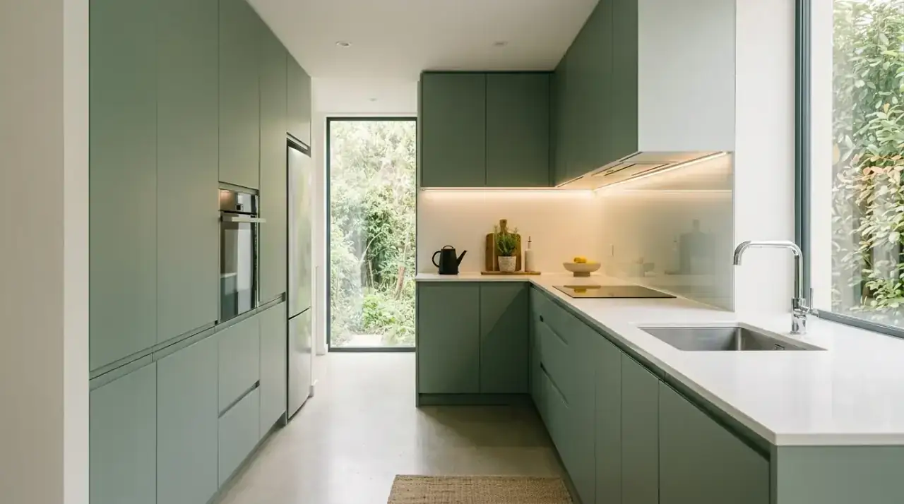Sage lower cabinets kitchen. Lower sage cabinets balancing color with a bright airy kitchen layout.