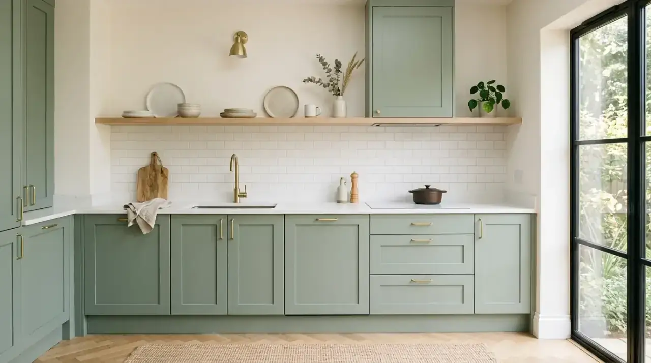 Sage kitchen with wood shelves. Warm wooden shelving complementing calm sage green cabinetry.