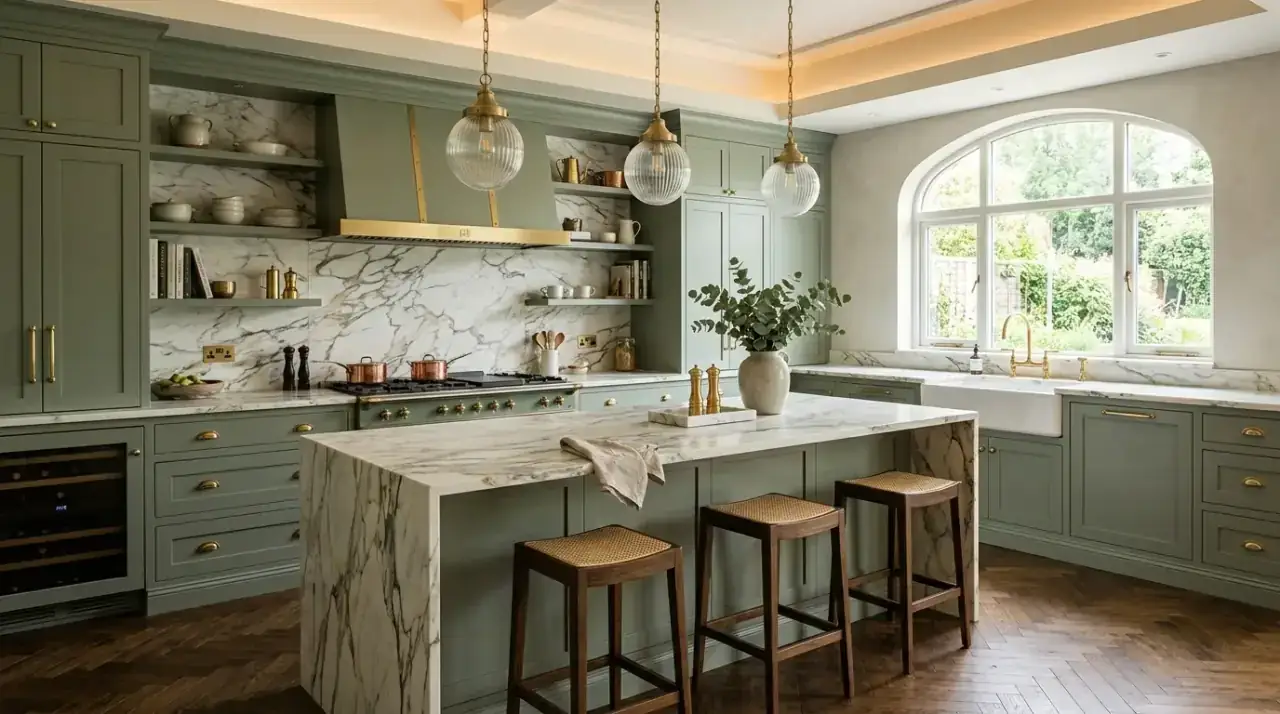 Sage cabinets with plaster walls. Sage green cabinetry set against soft creamy textured walls.