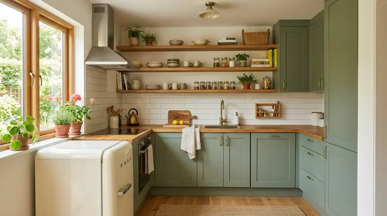 Sage kitchen with black accents. Sage cabinetry outlined with restrained black details for modern contrast.