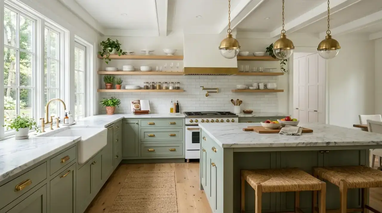 Small sage kitchen. Soft sage cabinets bringing calm character to a compact kitchen.
