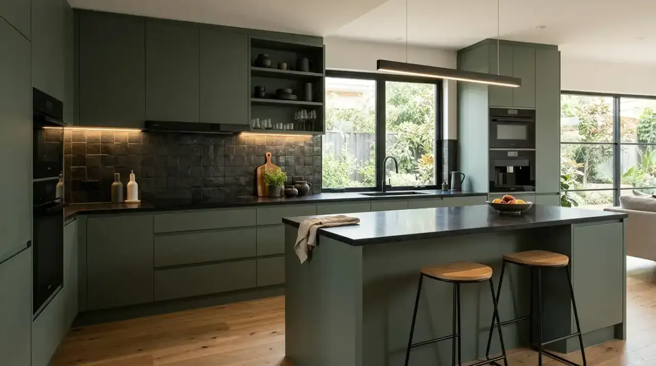 Sage and stone kitchen. Organic modern kitchen mixing sage cabinetry with natural stone.