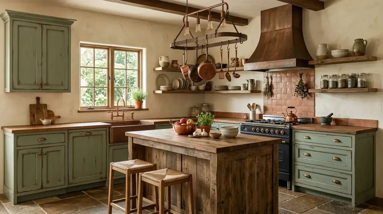 Matte sage cabinets. Low-sheen sage green cabinetry reinforcing an earthy modern kitchen.