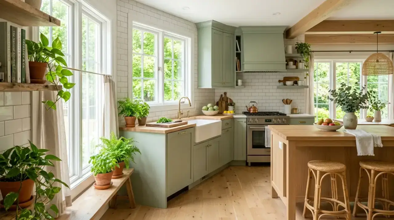 Sage breakfast nook kitchen. Sage cabinetry framing a cozy dining or island moment in the kitchen.