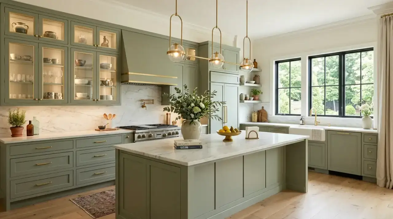 Sage kitchen with earthy accents. Clay and linen details deepening the warmth of sage green cabinets.