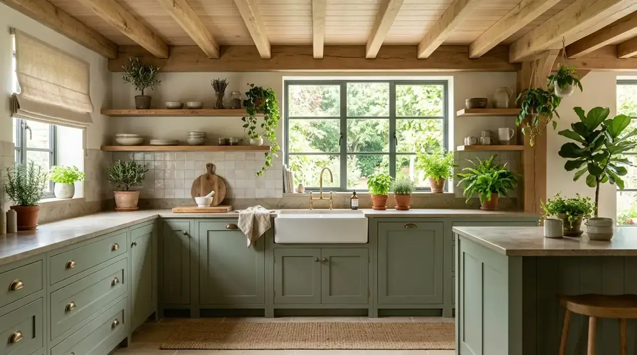 Sunlit sage kitchen. Natural light softening and shifting the tone of sage green cabinetry.