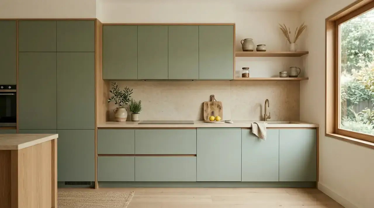 Sage kitchen overview. Earthy modern kitchen centered on calm sage green cabinetry.