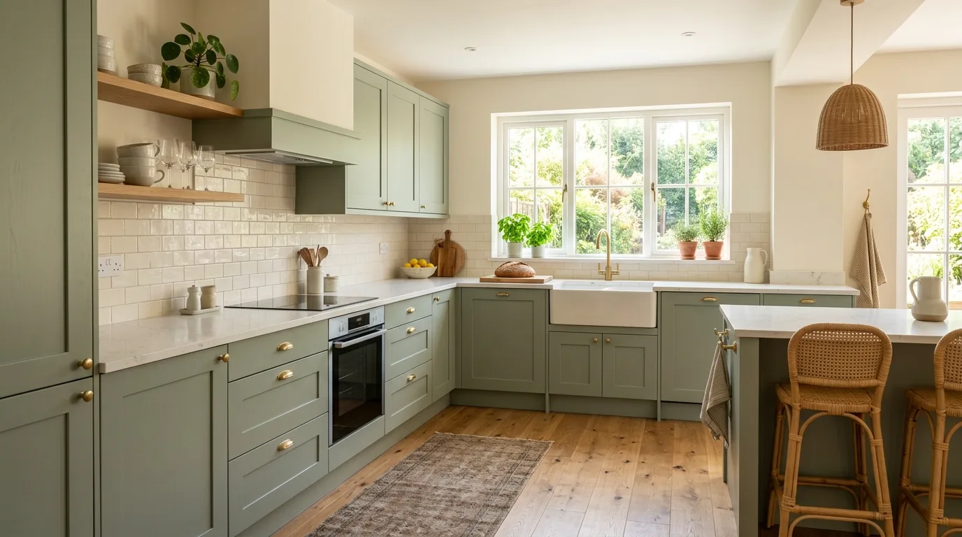 Calming sage green kitchen cabinets with soft light and serene layered styling.