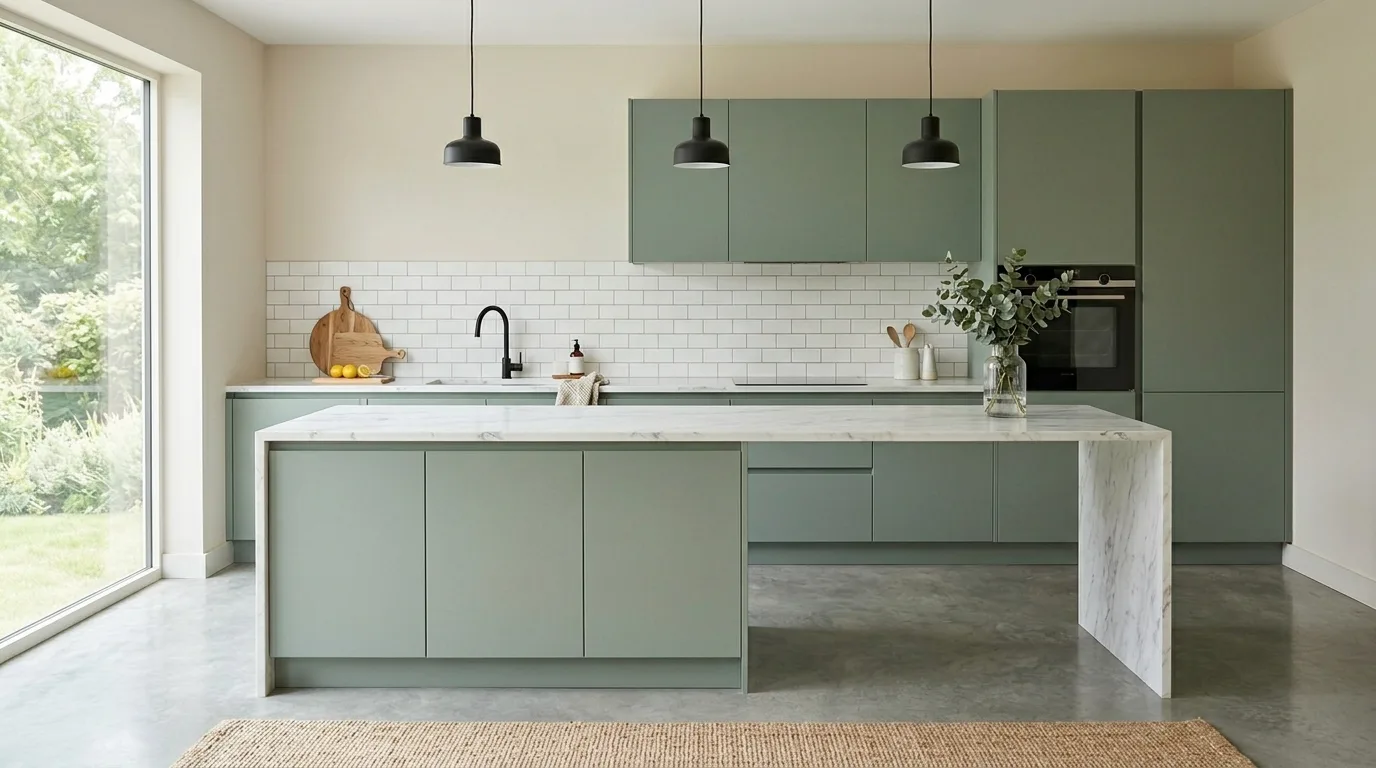 Matte sage cabinets with oak accents. Natural serene kitchen styling with warm wood and soft green.