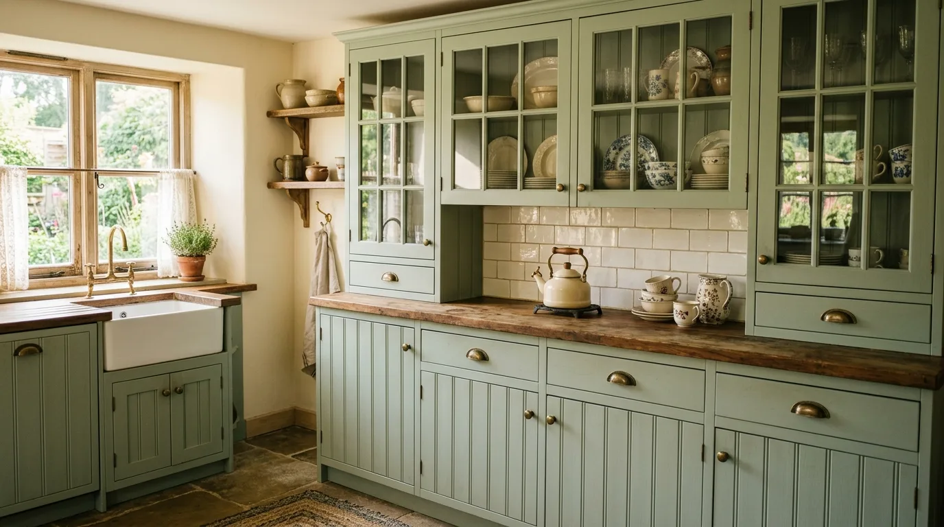 Sage beadboard kitchen cabinets. Cottage-inspired serene cabinetry with soft natural details.