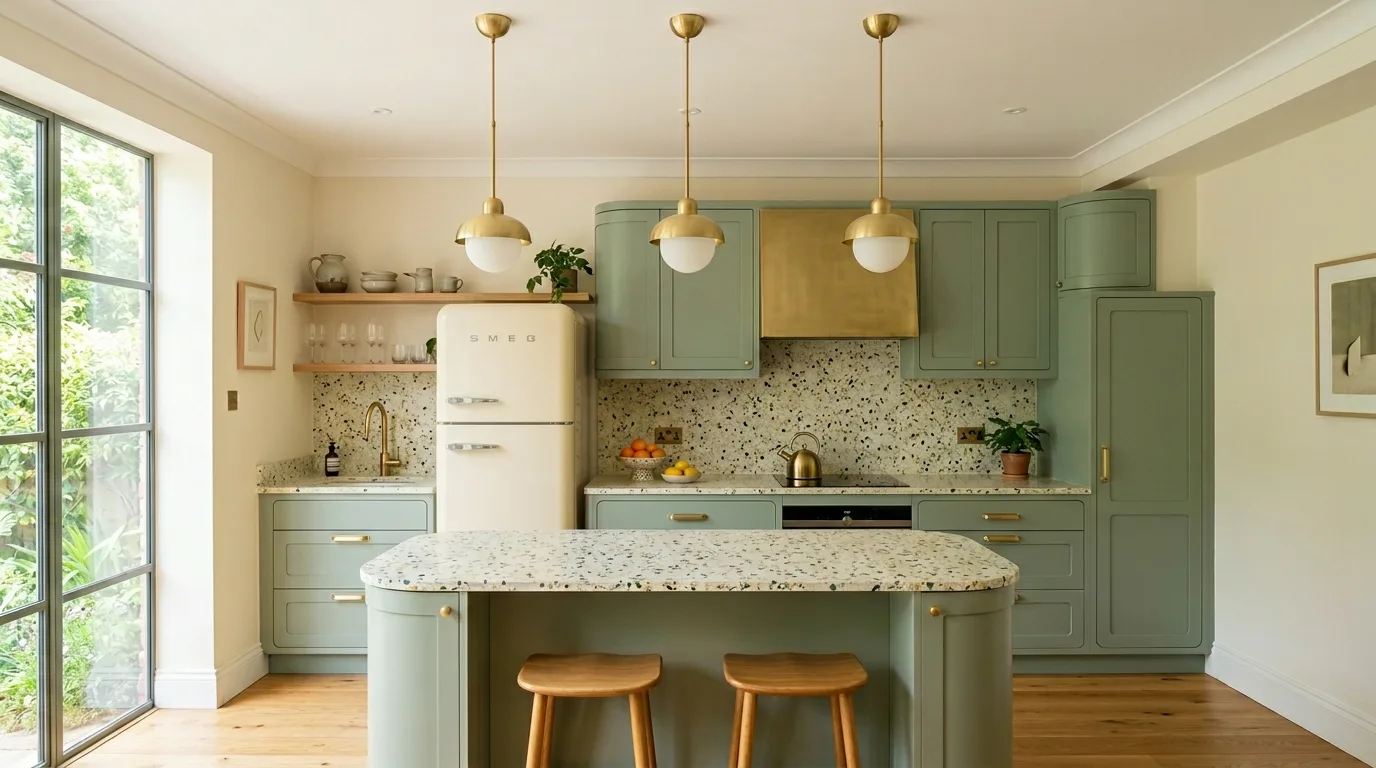 Sage cabinets with cream accents. Warm serene kitchen palette with soft tonal balance.