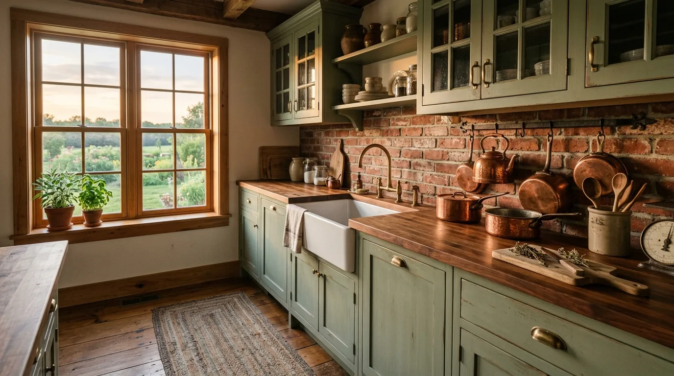 Sage lower cabinets with white uppers. Bright open kitchen with calming two-tone cabinetry.