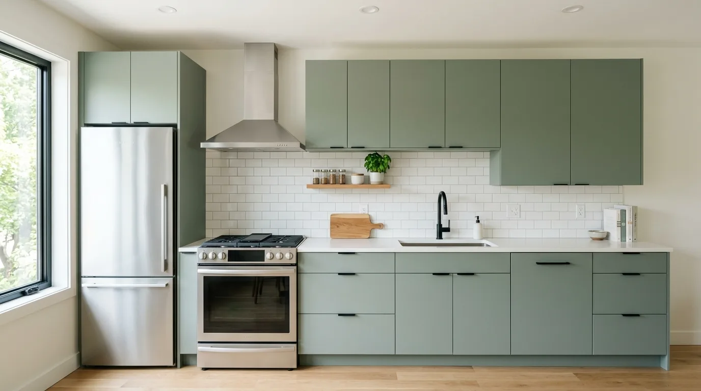 Minimal sage slab kitchen cabinets. Contemporary serene kitchen with clean-lined soft green cabinetry.