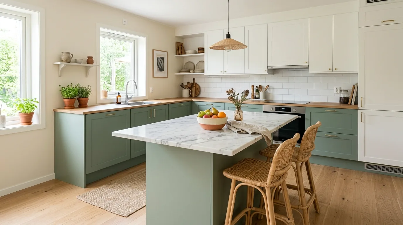 Sage cabinets with brass hardware. Quiet elegant kitchen styling with serene green cabinetry.