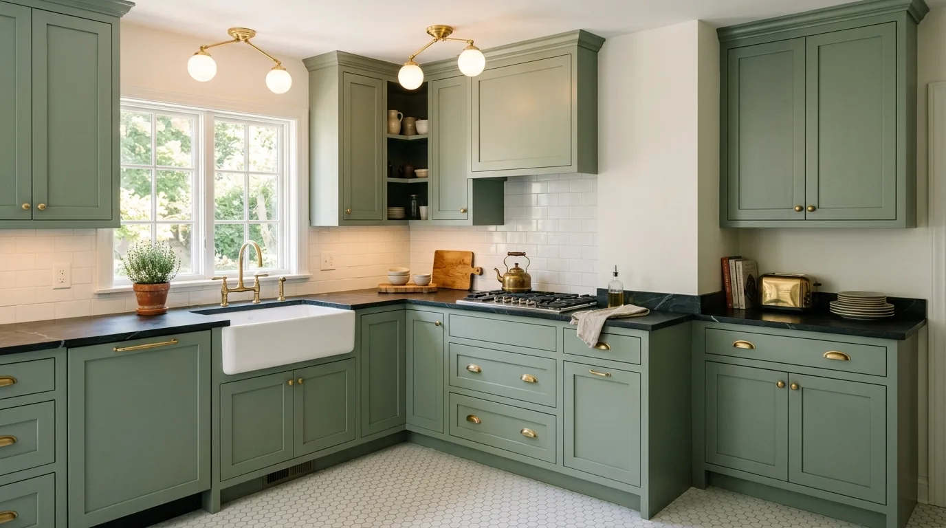 Sage cabinets with marble surfaces. Light luxurious kitchen palette with serene green cabinetry.