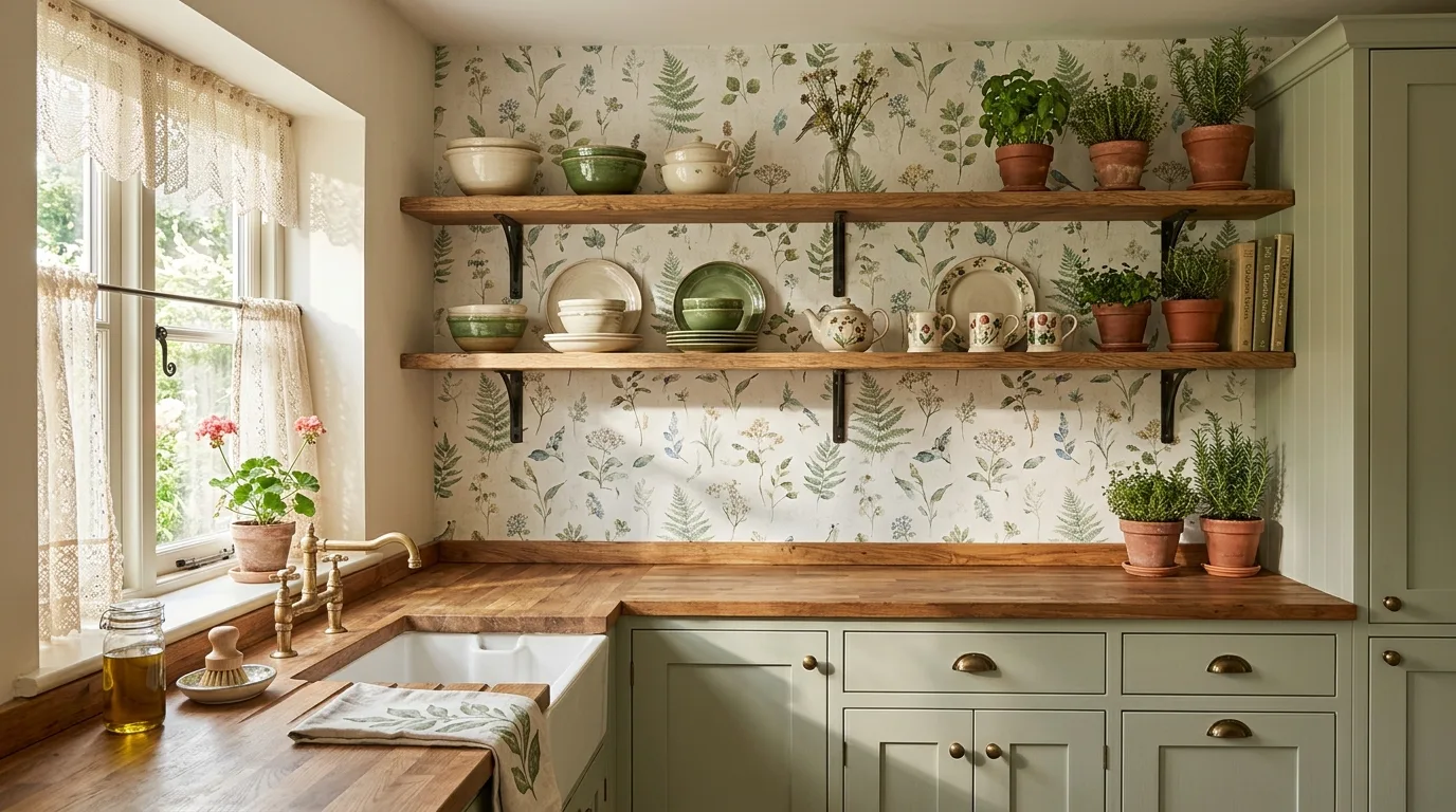 Sage cabinets with woven and linen styling. Natural textural kitchen supporting a serene green palette.