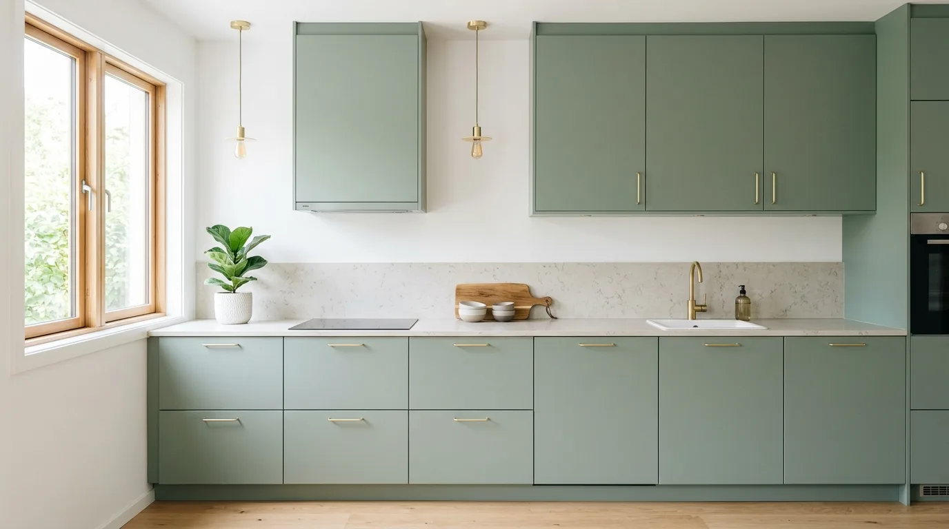 Sage green island in neutral kitchen. Soft focal-point cabinetry creating a serene atmosphere.