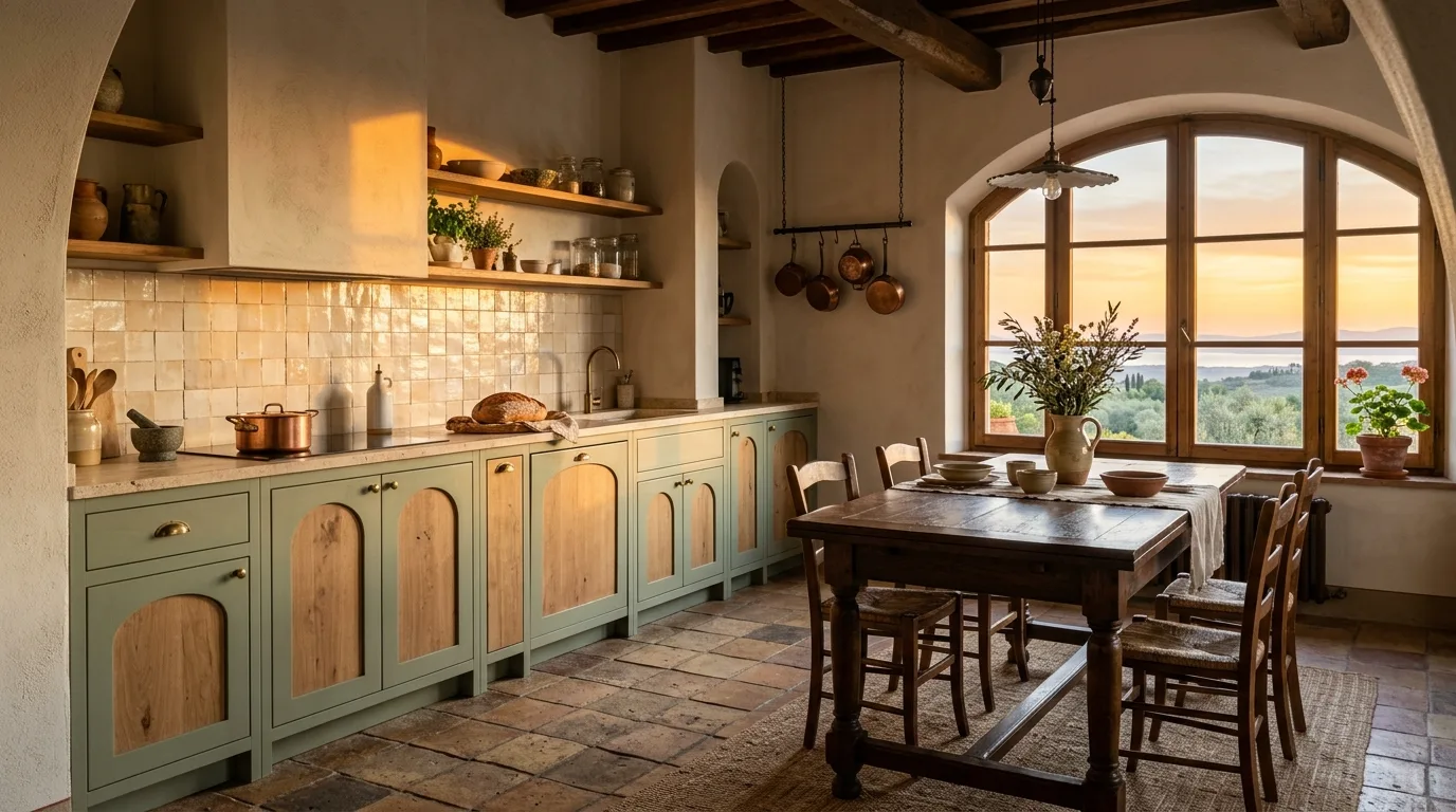 Sage cabinets with black fixtures. Serene modern kitchen with softly defined contrast.