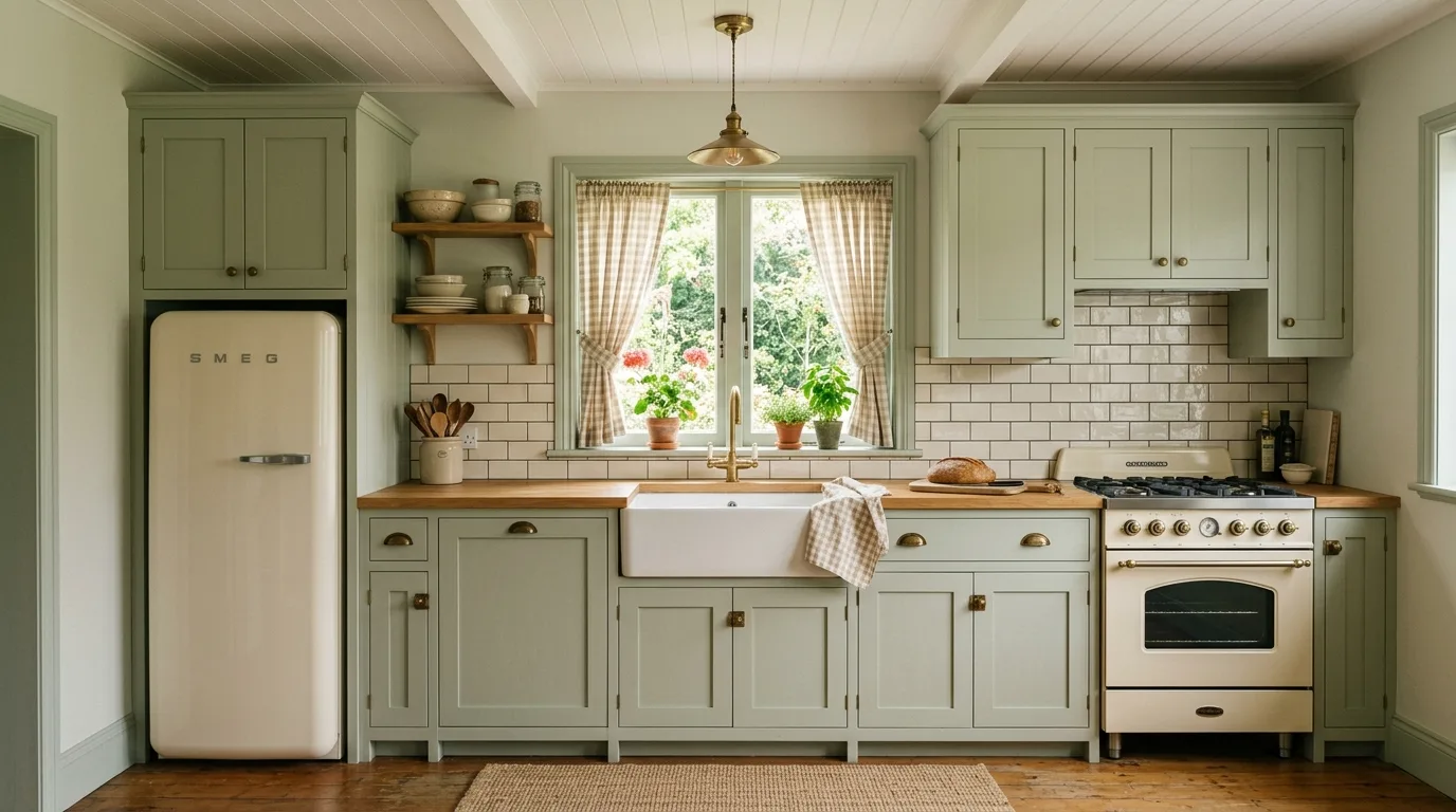 Arched sage green kitchen cabinets. Graceful serene cabinetry with soft tile and warm styling.