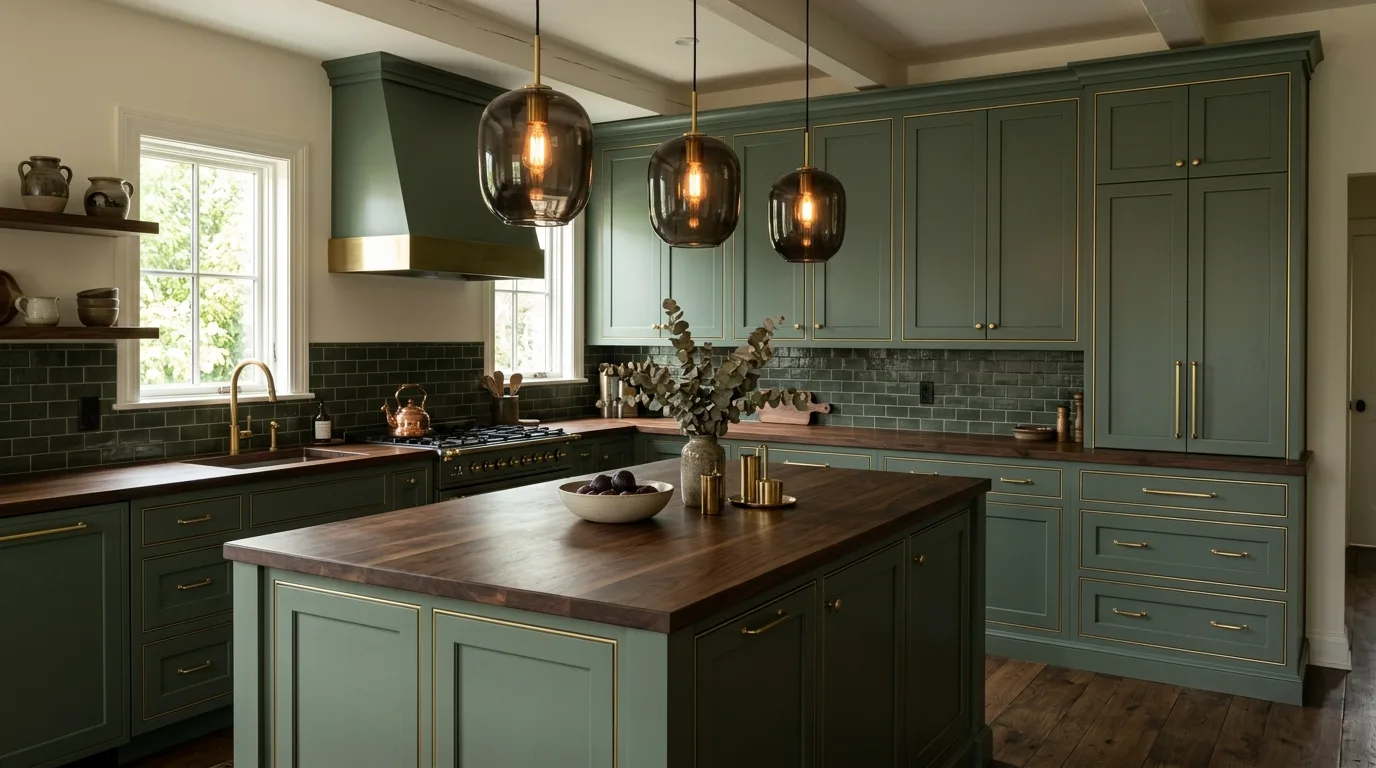 Sage cabinets with plaster walls and pale stone. Muted architectural kitchen with soft serene color palette.