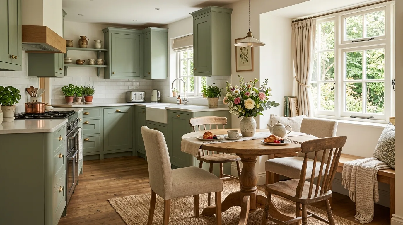 Sage cabinetry around breakfast corner. Window-filled serene kitchen with soft green integrated storage.