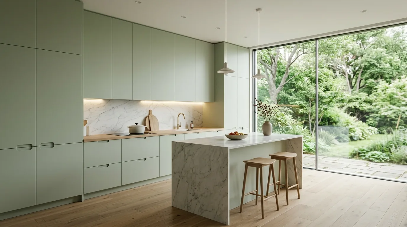 Sage kitchen palette designed as a whole. Balanced serene room built around soft green cabinetry.