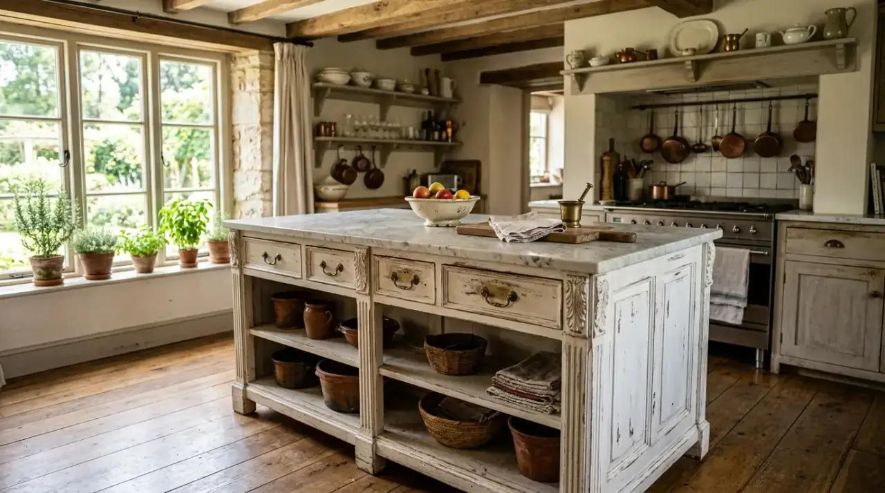 Charming antique kitchen island creating a vintage focal point with warmth and character.
