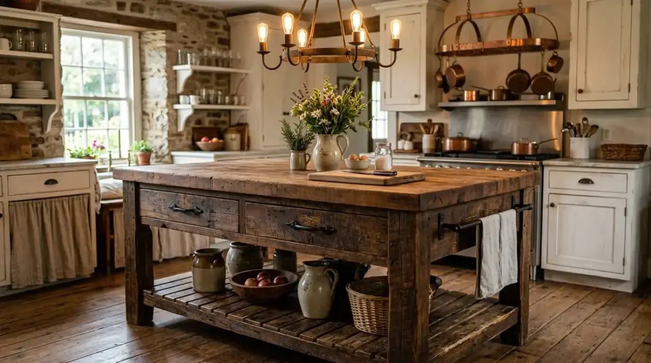 Turned-leg antique kitchen island. Furniture-style island details adding vintage grace to the kitchen.