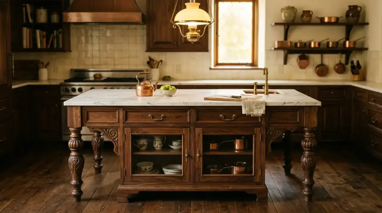 Painted antique kitchen island. Aged finish bringing patina and old-world character to the kitchen.