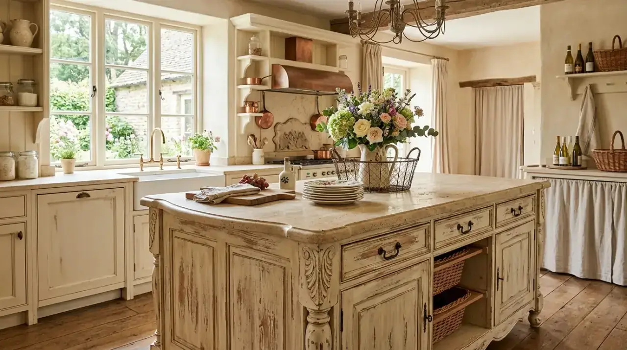 Open shelf antique island. Visible storage adding lightness and utility to a vintage-inspired island.