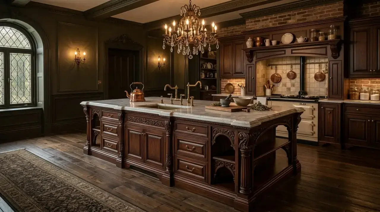 Worn wood antique island top. Timeworn timber surface creating warmth and function at the island.