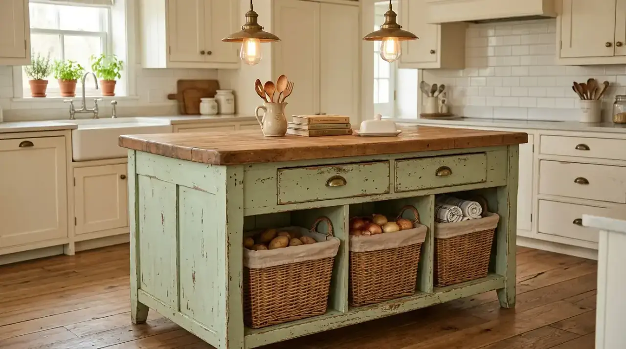Antique island hardware. Aged metal accents strengthening the vintage character of the island.