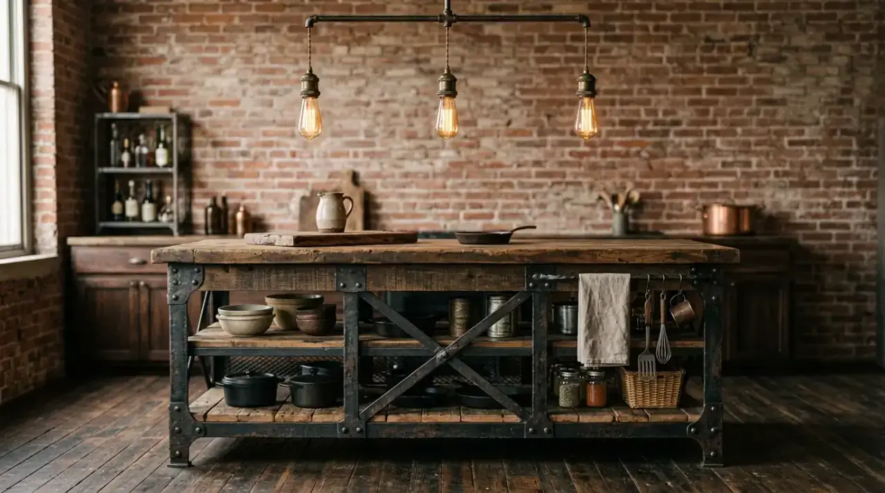 Antique island with simple cabinets. Vintage centerpiece standing out against calmer surrounding cabinetry.