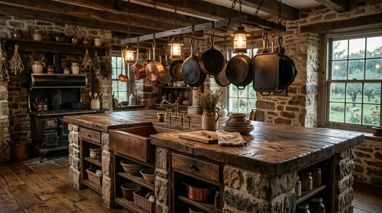 Baskets on antique island. Textured storage reinforcing the collected character of a vintage kitchen island.