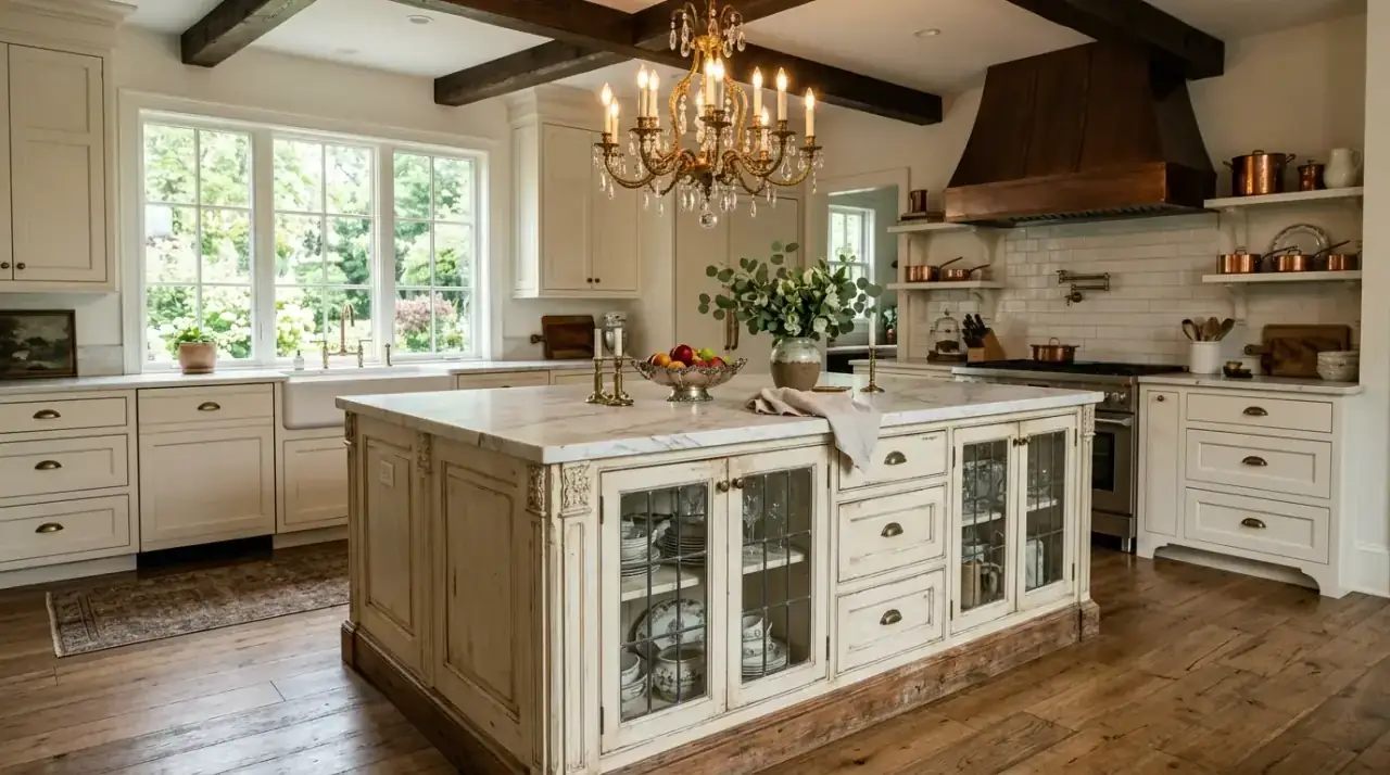 Stone top antique kitchen island. Classic surface pairing adding elegance to a vintage island base.